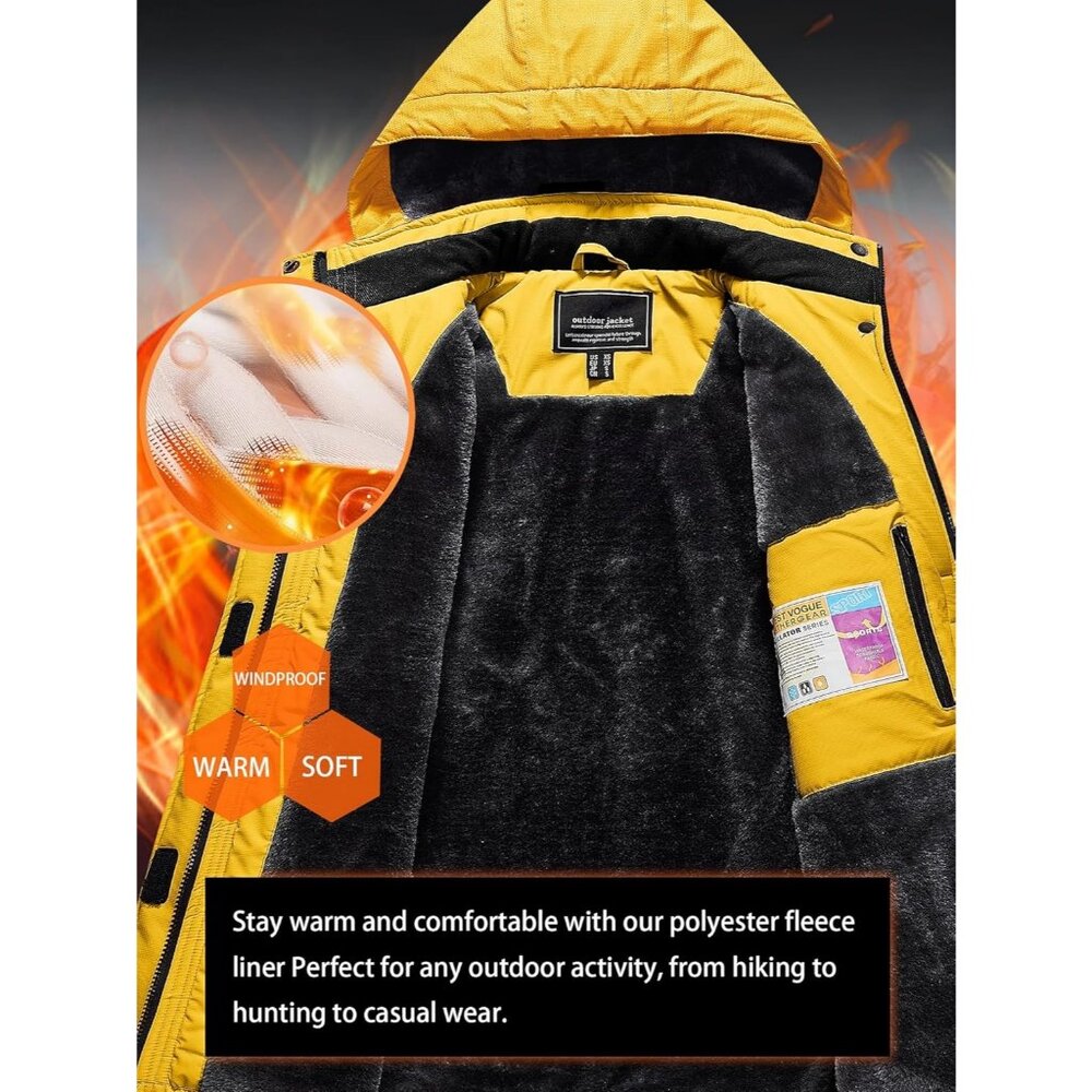 Women's Yellow Windbreaker Waterproof Ski Snow Fleece Hood Jacket Coat Winter - Picture 4 of 7